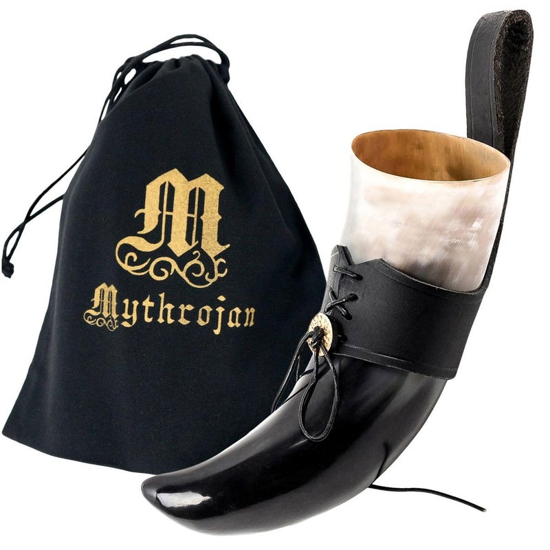 Mythrojan Viking Drinking Horn Black Medieval Beer Drinking Horn Authentic with Strap Norse Beer Mug Viking Ale Cup 250 ml Replica 8oz - Image 1